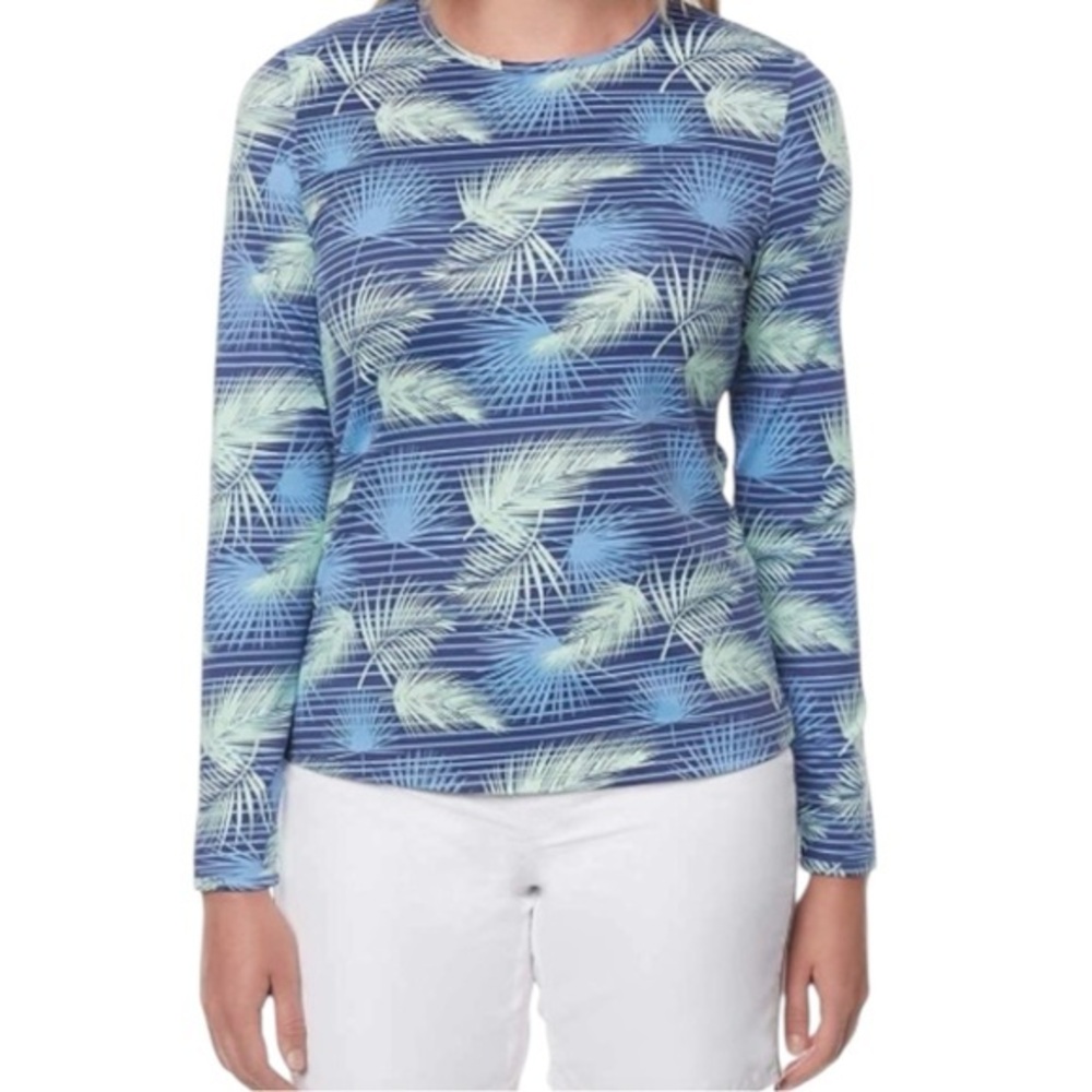 Hang Ten Long sleeve rash guard swim tropical blue crew neck back zip‎ spf sz M